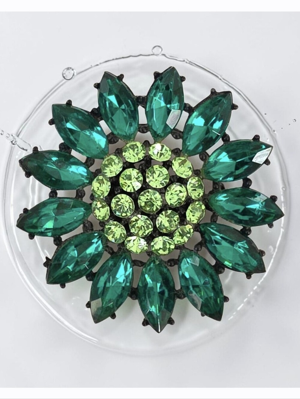 Vintage High End Emerald Green Rhinestone Flower Brooch Japanned Setting 2"